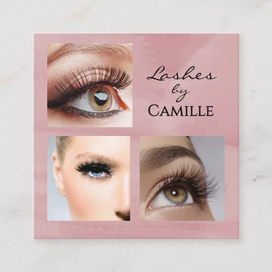 Elegant Pink Black Script 3 Photo Makeup スクエア名刺 (正面)