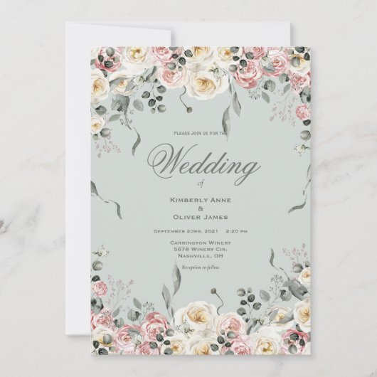 Elegant Pink Bliush Ivory Floral Wedding 招待状 (正面)