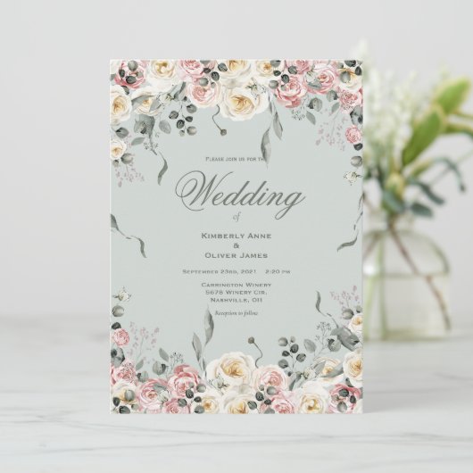 Elegant Pink Bliush Ivory Floral Wedding 招待状 (スタンド正面)