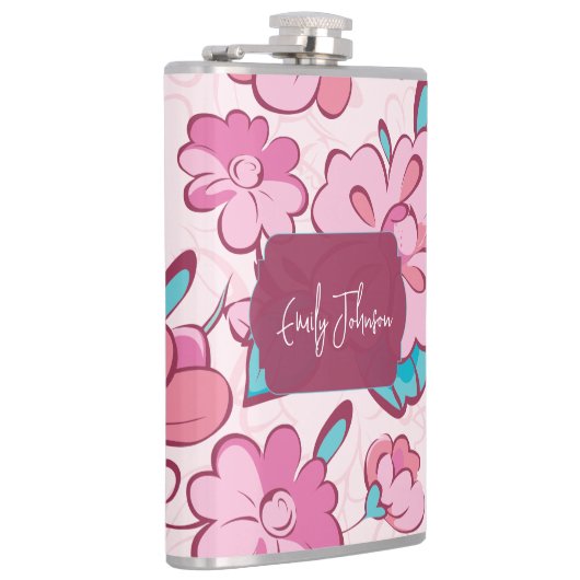 Elegant Pink Blossom Custom Name Floral Design フラスク (右)
