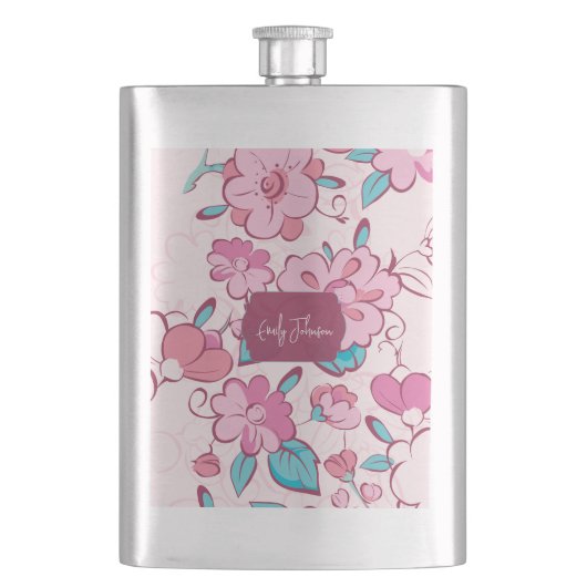 Elegant Pink Blossom Custom Name Floral Design フラスク (正面)