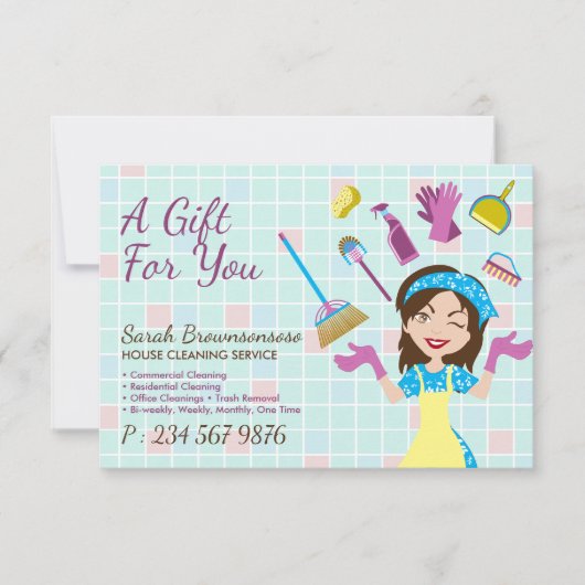 Elegant Pink Blue Cleaning Cute Maid Janitorial (正面)