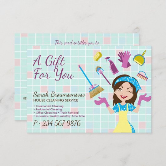 Elegant Pink Blue Cleaning Cute Maid Janitorial (正面/裏面)