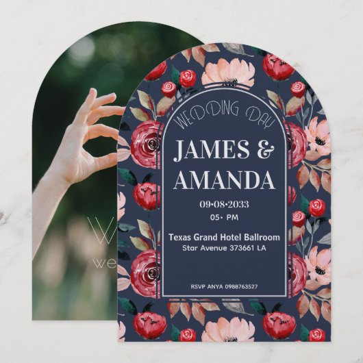 Elegant Pink & Blue Floral theme 招待状 (正面/裏面)