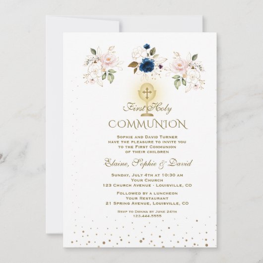 Elegant Pink Blue Floral Triplets Holy Communion 招待状 (正面)