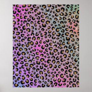 Elegant Pink Blue Gold Glitter Black Leopard Print ポスター