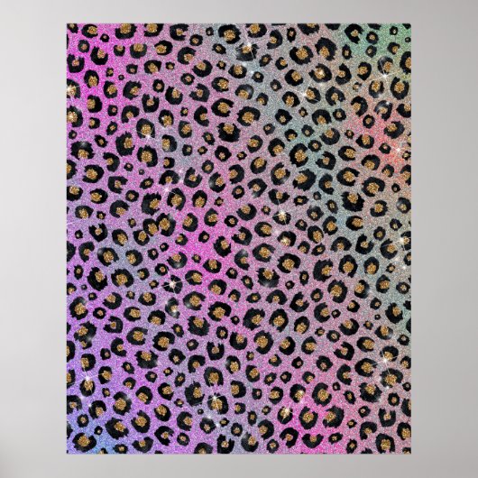 Elegant Pink Blue Gold Glitter Black Leopard Print ポスター (正面)