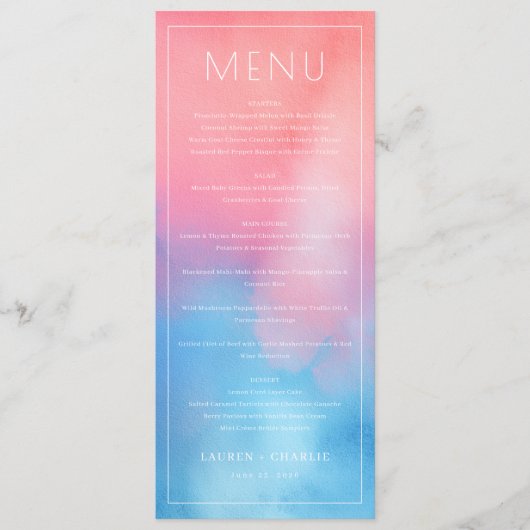 Elegant Pink Blue Gradient Wedding Menu メニュー (正面)