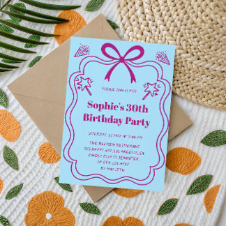 Elegant Pink & Blue Ribbon Frame Birthday Party 招待状