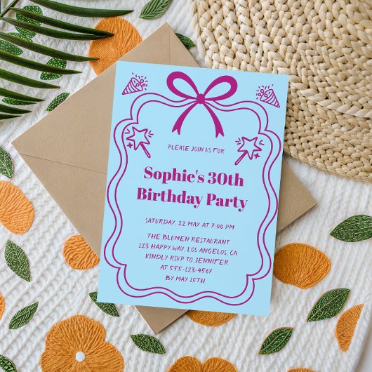 Elegant Pink & Blue Ribbon Frame Birthday Party 招待状