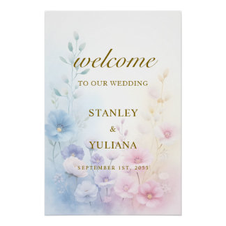 Elegant Pink Blue Watercolor Soft Floral Fine Art ポスター