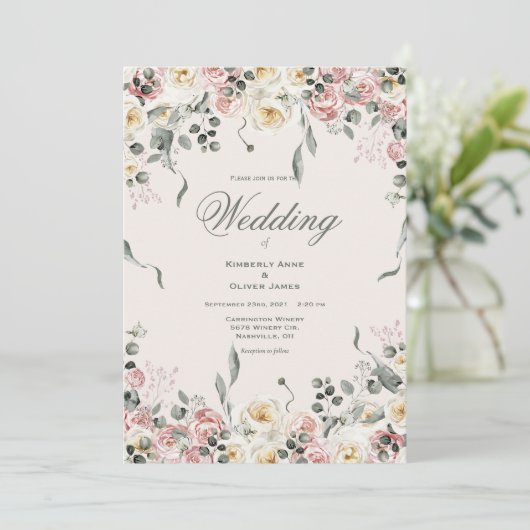 Elegant Pink Blush Ivory Floral Wedding 招待状 (スタンド正面)