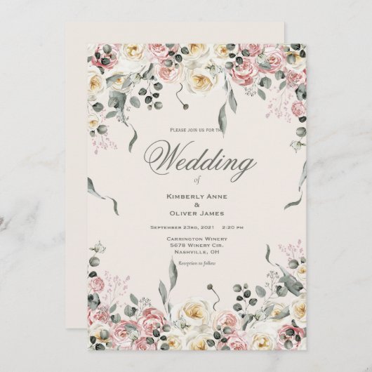 Elegant Pink Blush Ivory Floral Wedding 招待状 (正面/裏面)