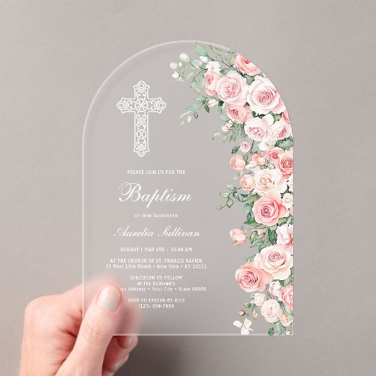 Elegant Pink Blush Roses Arch Baptism アクリル招待状 (インサイチュ (ポータブル))