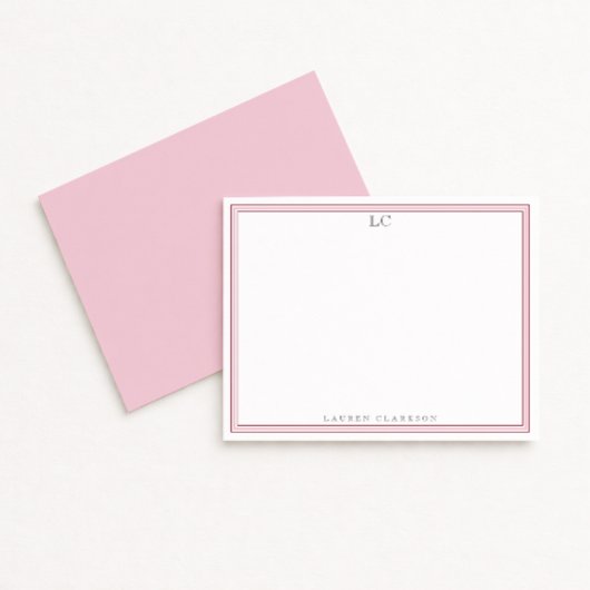 Elegant Pink Border Monogram Stationery Note Card 招待状