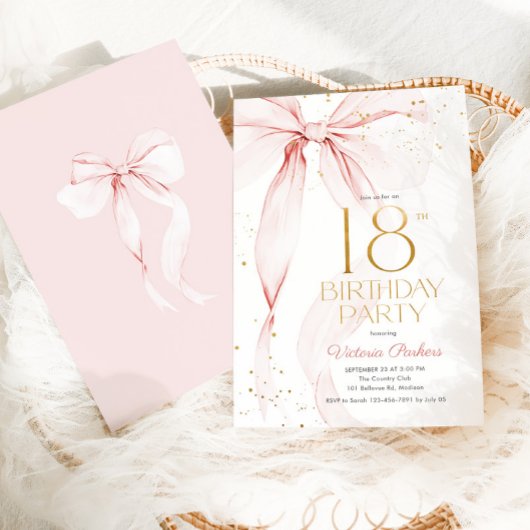 Elegant Pink Bow 18th Birthday Invitation 招待状
