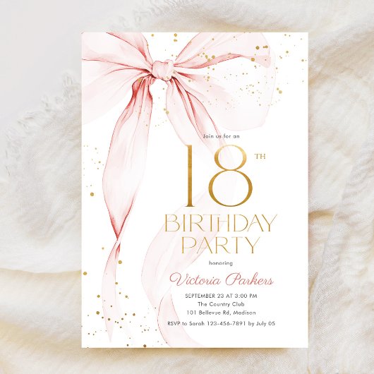 Elegant Pink Bow 18th Birthday Invitation 招待状