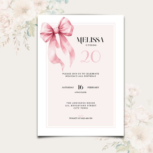 Elegant Pink Bow 20th Birthday Invitation 招待状