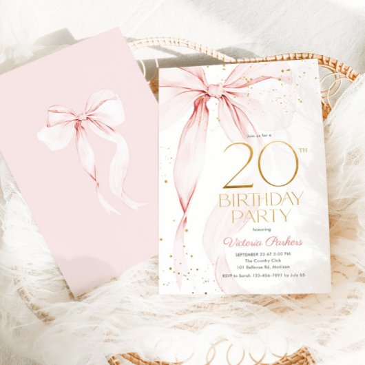 Elegant Pink Bow 20th Birthday Invitation 招待状