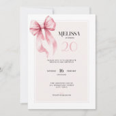 Elegant Pink Bow 20th Birthday Invitation 招待状 (正面)