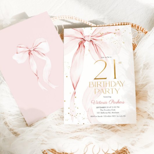 Elegant Pink Bow 21st Birthday Invitation 招待状
