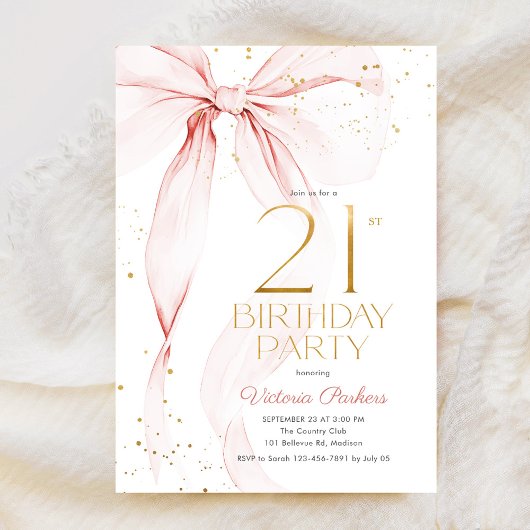 Elegant Pink Bow 21st Birthday Invitation 招待状