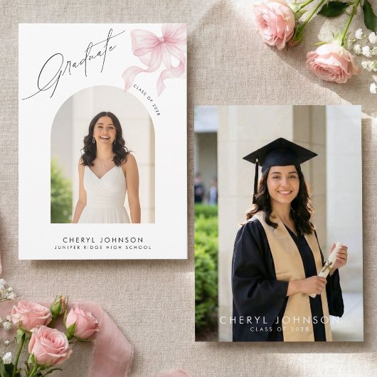 Elegant Pink Bow 2 Photo Graduation 案内状