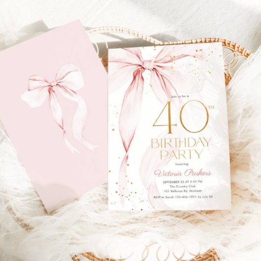 Elegant Pink Bow 40th Birthday Invitation 招待状