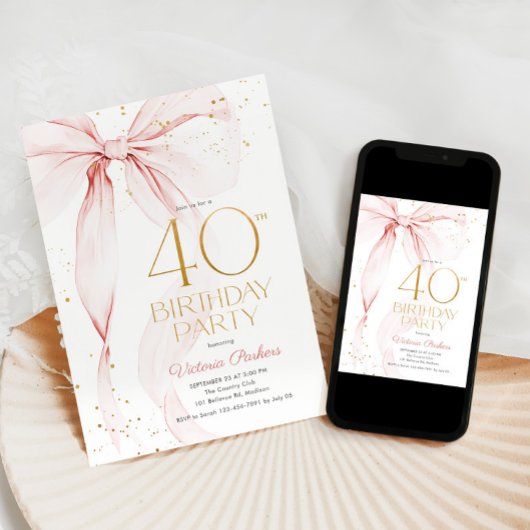 Elegant Pink Bow 40th Birthday Invitation 招待状