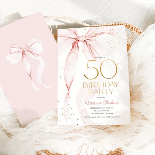 Elegant Pink Bow 50th Birthday Invitation 招待状