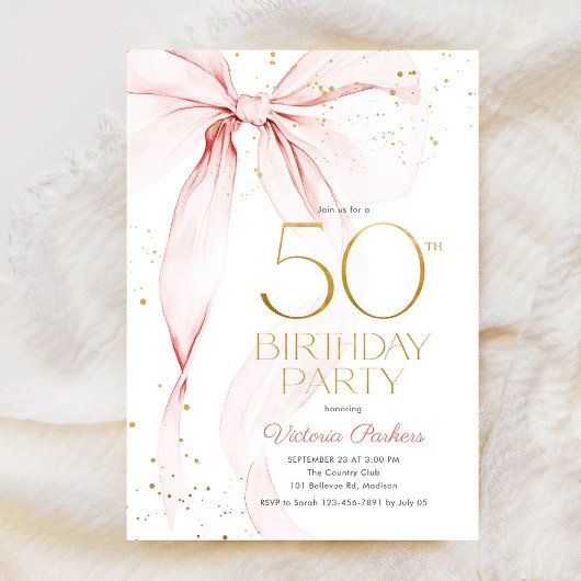 Elegant Pink Bow 50th Birthday Invitation 招待状