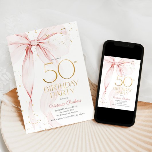 Elegant Pink Bow 50th Birthday Invitation 招待状
