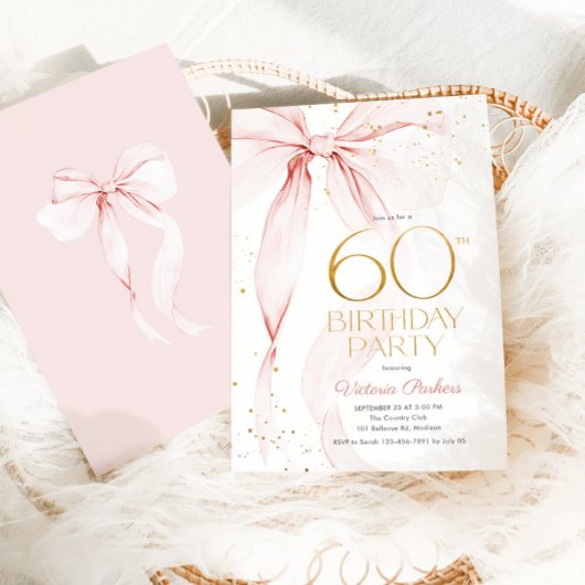 Elegant Pink Bow 60th Birthday Invitation 招待状