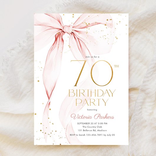 Elegant Pink Bow 70th Birthday Invitation 招待状