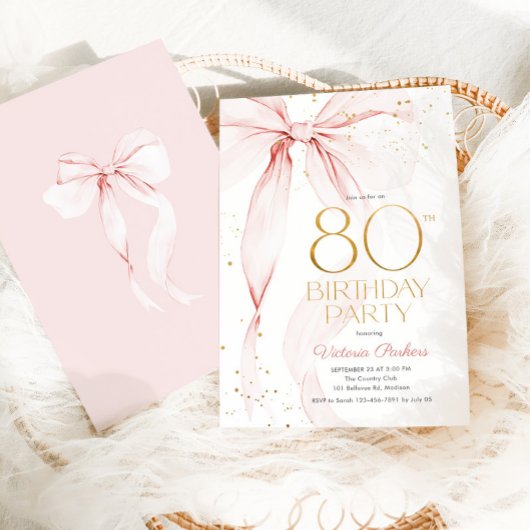 Elegant Pink Bow 80th Birthday Invitation 招待状