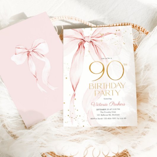 Elegant Pink Bow 90th Birthday Invitation 招待状