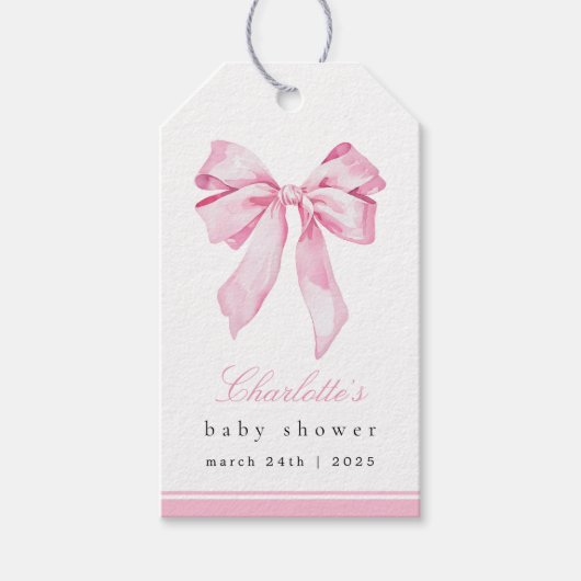 Elegant Pink Bow Baby Shower ギフトタグ (正面)