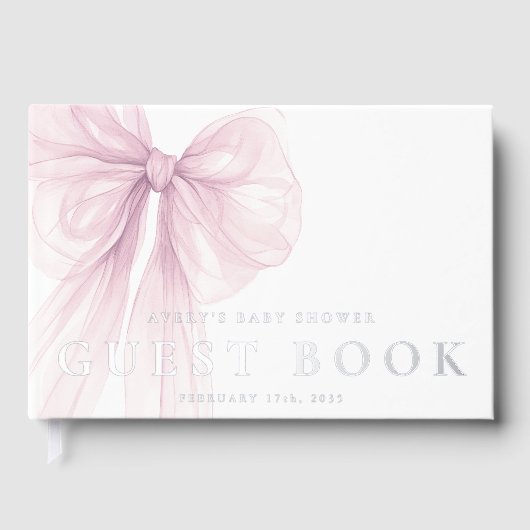 Elegant Pink Bow Baby Shower ゲストブック (正面)