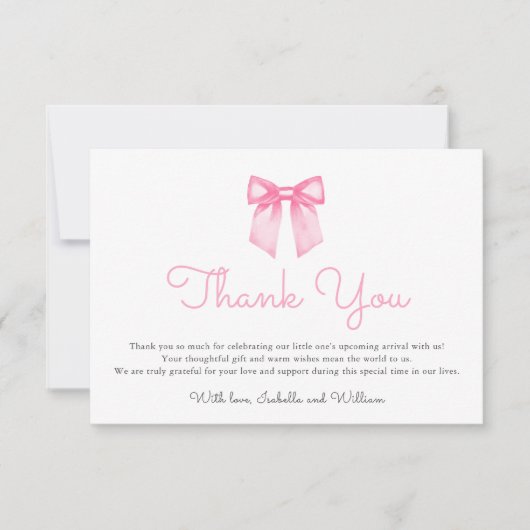 Elegant Pink Bow Baby Shower サンキューカード (正面)
