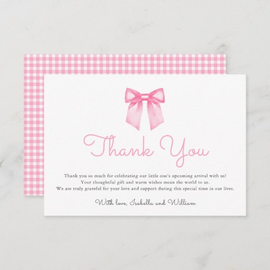Elegant Pink Bow Baby Shower サンキューカード (正面/裏面)
