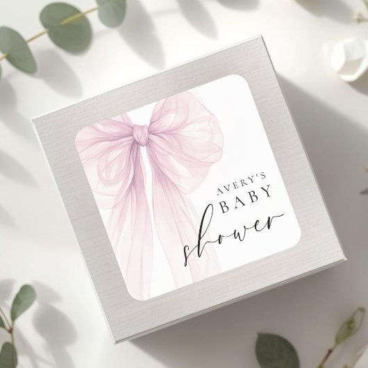 Elegant Pink Bow Baby Shower スクエアシール