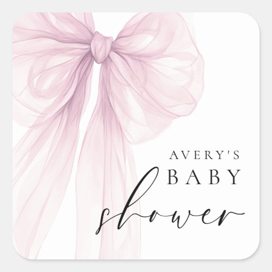 Elegant Pink Bow Baby Shower スクエアシール (正面)