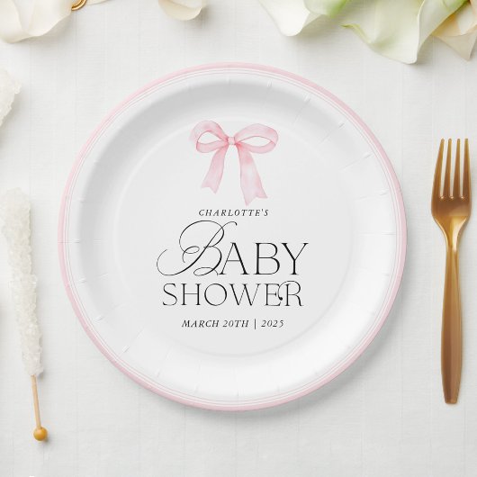Elegant Pink Bow Baby Shower  ペーパープレート