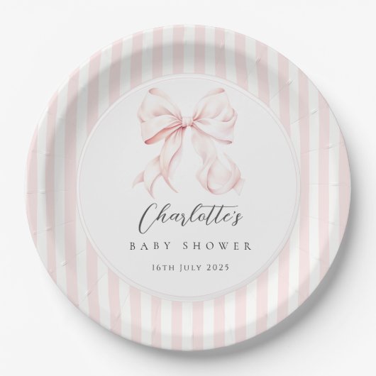 Elegant Pink Bow Baby Shower ペーパープレート (正面)