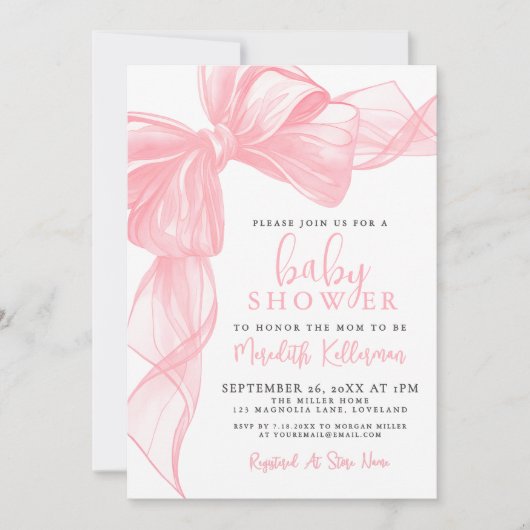 Elegant Pink Bow Baby Shower 招待状 (正面)