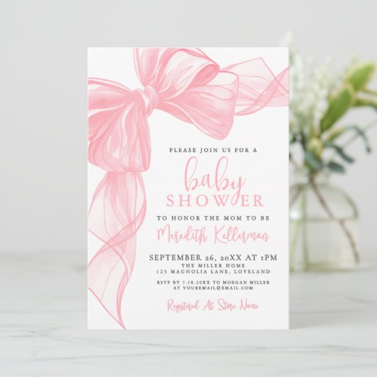 Elegant Pink Bow Baby Shower 招待状 (スタンド正面)