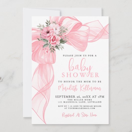 Elegant Pink Bow Baby Shower 招待状 (正面)