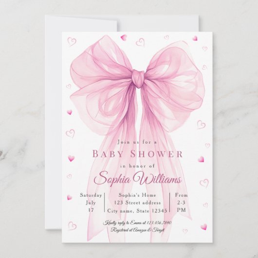 Elegant Pink Bow Baby Shower Invitation 招待状 (正面)