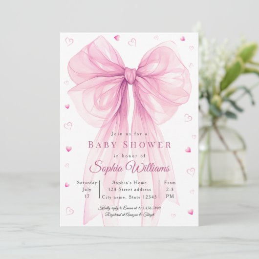 Elegant Pink Bow Baby Shower Invitation 招待状 (スタンド正面)