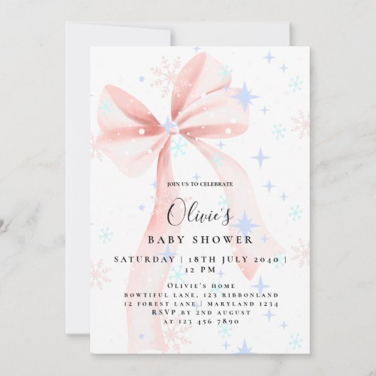 Elegant Pink Bow Baby Shower Invitation 招待状 (正面)